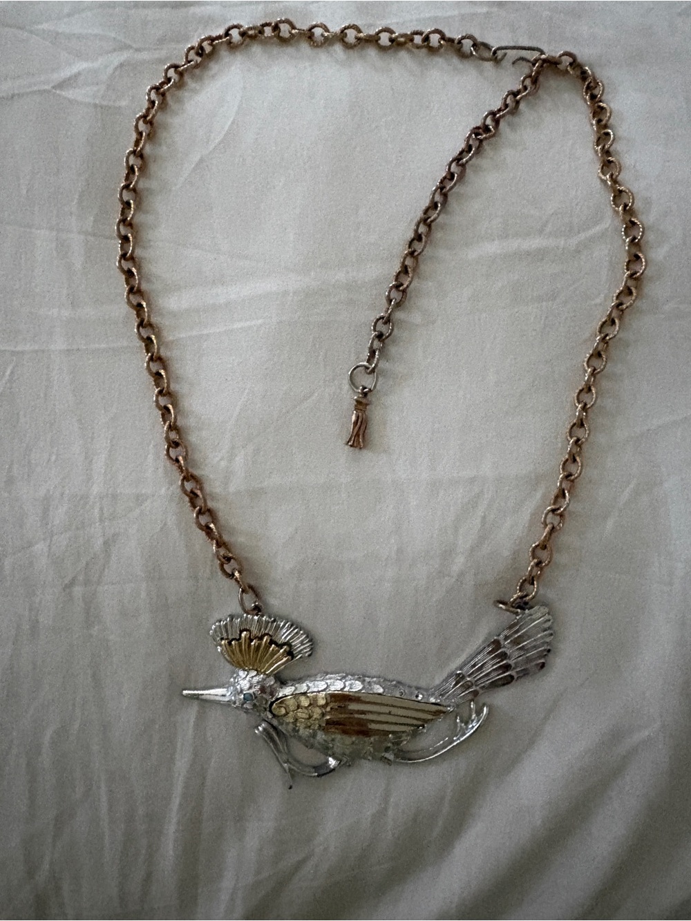 Vtg Gold Crown Inc Southwestern Mixed Metal Roadrunner Bird Statement Necklace